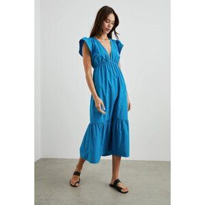 Rails Tina Poplin Midi Dress Blue Tiered V-Neck Short Sleeve Pull On Sz M